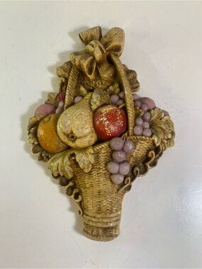 Vintage Chalkware Fruit In A Basket Distressed With Age Wall Plaque